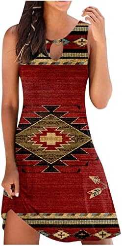 נשים קיץ שמלת 2023 בציר מערבי הדפסת שמלה גיאומטרי טוניקה בוהו שמלה ללא שרוולים לגזור שמלה מזדמן רופף שמלה
