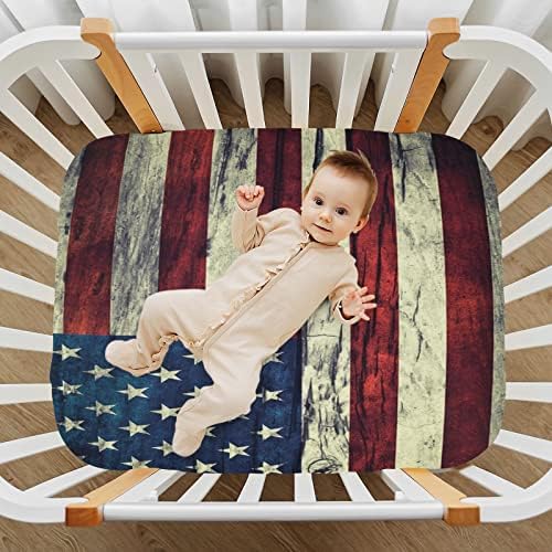 גיליונות עריסה דגל אמריקאי מעץ סדוק לבנים ולבנות, יריעות עריסה לתינוקות מצוידות