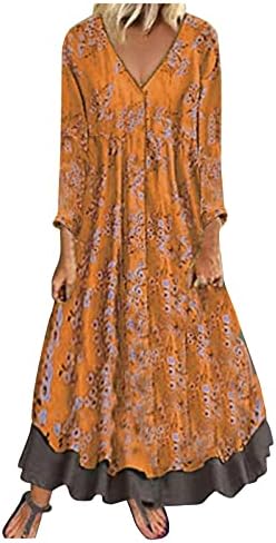 איקה נשים של שמלה עם צווארון 3/4 שרוול רופף מודפס מזויף שתי חתיכה מזדמן ארוך שמלה פרחוני שמלה לנשים
