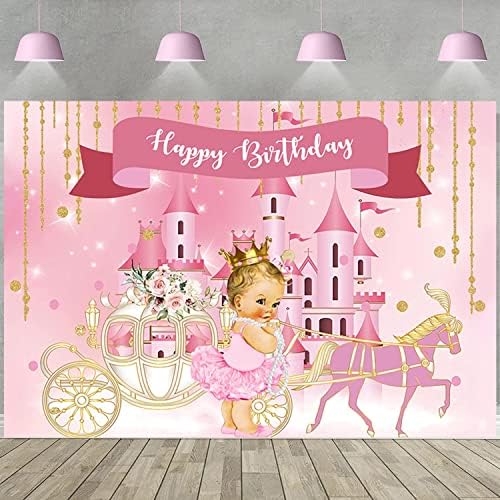 נסיכת יום הולדת רקע לילדות קטנות תמונה צילום רקע 7 * 5 רגל נצנצים יהלומים ורוד טירה מרכבה מסיבת קישוטי עוגת שולחן באנר