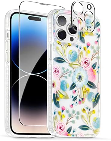 Scorpify iPhone 14 Pro Case לעיצוב פרחוני של היביסקוס, כיסוי טלפון חמוד של פרחים זעזועים לנשים, עם מגן מסך זכוכית מזג+מגן עדשות מצלמה,