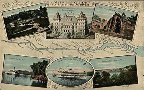 מפה ומדריך לנהר ההדסון ההדסון, ניו יורק, ניו יורק, גלויה עתיקה מקורית