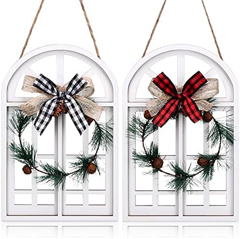 2 חלקים לחג המולד קישוטים תלויים מעץ כפרי חלון עץ עיצוב חלון חג המולד שלטי פלאק שלטי חג חג מולד קיר תלייה לחג המולד למסיבת חג המולד קישוטים