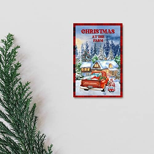 גנום משאית אדומה שלט עץ חג המולד בחווה סצנת שלג חורף שלט עץ שלט חג המולד ציוד קישוטי בית חווה כפרי חידוש לחברים משפחה 12x8in