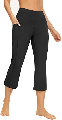 מכנסי יוגה באורך מלא/קאפרי בוטקאט לנשים עם כיסים, מכנסי בוטלג אימון התלקחות בגזרה גבוהה מכנסי עבודה