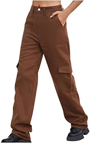 OPLXUO נשים מכנסי מטען מזדמנים מכנסי ג'ינס רחבים אופנה בגדי רחוב משנות ה -90 מוצקים רגל רופפת רופפת מכנסי ג'ינס ישרים עם כיסים