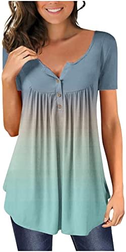 חולצות T גדולות לנשים מודפסות מחבוא בטן טוניקה שרוול קצר חולצות T קפלים על כפתורי צוואר V- חולצות לבושות