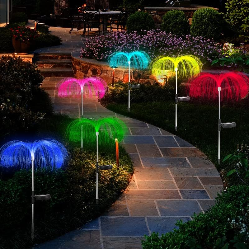 Spopguys משודרגים אורות סולאריים גן חיצוני 4 חבילה, 8 צבעים משתנים אורות מדוזות סולאריות גן אטום מים אטומים חיצוניים פרחים סולאריים דקורטיביים