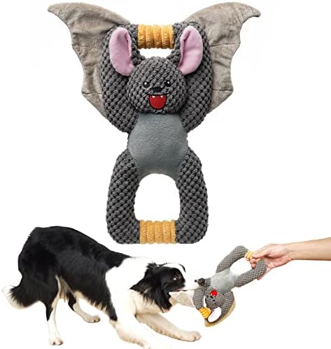 צעצועי כלבים קטיפים בצורת עטלף חמודים, משיכה של צעצועי כלבים מפוארים למלחמה לכלבים גדולים, צעצועים חריקת כלבים עם נייר צלצול, אפור 12.6