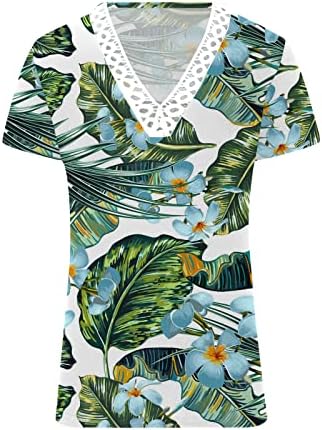 צמרות קיץ לנשים תחרה סרוגה V צוואר שרוול קצר טוניקה צמרות חולצה זורמת אלגנטית פרח טרופי חולצות הוואי