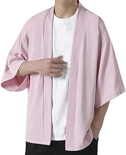 XXBR Kimono Cardigan יפני לגברים, קדמי פתוח רופף 3/4 שרוול קל משקל קל משקל אוקייו בצבע אחיד ז'קט מזדמן גלימה מזדמנת