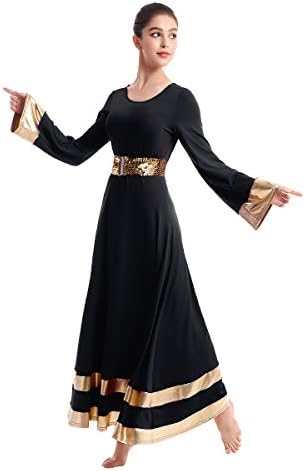 Ibakom נשים שרוול ארוך טוניקה חלוק פולחן שבח תלבושת של שמלת ריקוד מלאה ליטורגית עם חגורת פאייטים