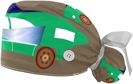 כובע עבודה מכונית כריש ירוק מכונית מודפסת כובעי מגן לשיער זיעה נושמת סופגת כובע קוקו עם כפתורים בגודל אחד מתאים לכל שני החבילות