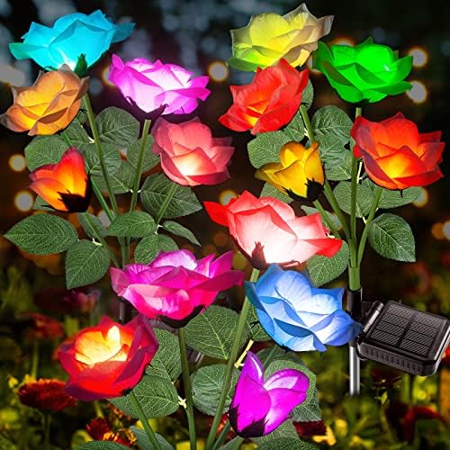 אורות גן סולאריים גארפאר-2023 אורות חיצוניים סולאריים משודרגים עם פרחי ורדים יפים ומציאותיים - 7 אורות סולאריים עמידים למים משתנים בצבע