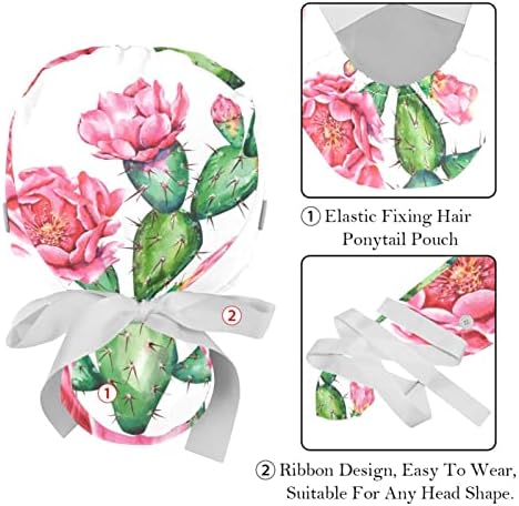 כובעים רפואיים של Lorvies לנשים עם כפתורים שיער ארוך, כובע עבודה מתכוונן 2 חלקים, צמח פרחים ורוד קקטוס