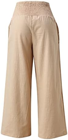 מכנסי רגליים רחבות פשתן לנשים קיץ מזדמן צבע אחיד מכנסי רגל רחבים עם כיסים מכנסיים פלאצו מותניים גבוהים