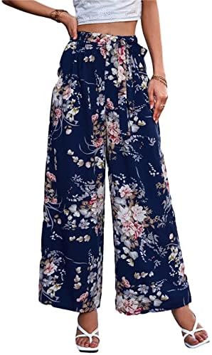 HDZWW קיץ ללא כיס מכנסיים רחבים מכנסיים לנשים טרקלין ספנדקס פרחים מכנסי רפיון פרחים עלייה גבוהה נושמת אתלטי ארוך