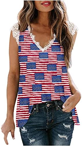 גופיות קיץ לנשים יום עצמאות יום טירט חולצות דגל אמריקאי טוניקה תחרה V חולצה ללא שרוולים צוואר