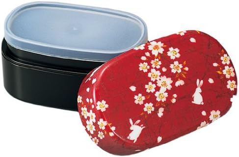Hakoya יפנית דו-שכבתית דו-שכבתית קופסת ארוחת צהריים עם חגורה, דפוס קימונו מסורתי של קגה אדום עם ארנב ופריחת דובדבן יוזן מלאכת אמנות לכה,