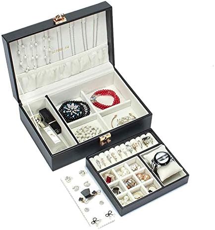 קופסאות תכשיטי עור QTT 2 שכבות חזה תכשיטים הסרת מגש עם מארגן תכשיטים מנעול בטיחות לעגילי עגבורים קופסת תכשיטים לנשים