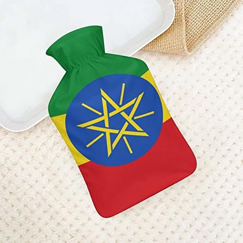 דגל של אתיופיה מודפס בקבוק מים חמים עם כיסוי קטיפה רכה ביד שקית הזרקת מי גומי חמים 1000 מל