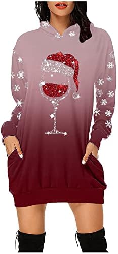 רוזיוג חורף שמלה לנשים טרנדי אדום יין זכוכית מודפס נים שמלות מזדמן רופף כיס כושר טוניקת סווטשירט שמלה