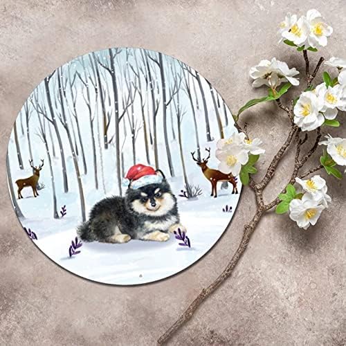 סימן פח עגול פח כלב עם כובע חג מולד ומעגל צבי שלט זר שלט קיר וינטג