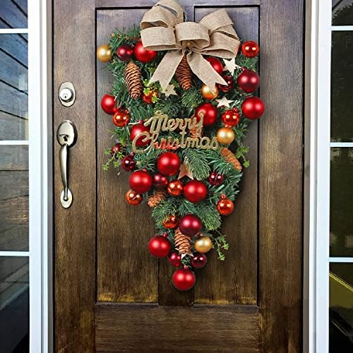 זר דמעה של חג המולד לדלת הכניסה, דלת דמעה מלאכותית, דלתות דמעה, קישורים תלויים לזרום חג המולד עם קישוטים בכדור, חרוטים אורנים, ענפים,