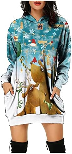 Prdecexlu טוניקה חג המולד שרוול ארוך סוודר לונג'י -סוודר לנשים הדפס מזדמן קפוצ'ון רופף צוואר צוות צוואר עם כיסים