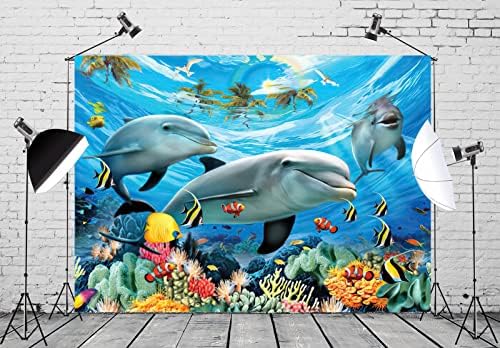 בד לוקקור 15x10ft אוקיאנוס דולפין תפאורה מתחת למים דגים טרופיים שונית אלמוגים אקווריום עולמי מתחת לים קישוטים למסיבת יום הולדת מפלגת קיץ