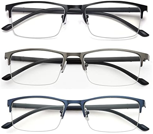 3 מארז קריאת משקפיים לגברים ונשים, מלבני מתכת חצי מסגרת כחול אור חסימת קוראי אנטי לחץ בעיניים 1.75