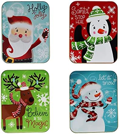 סט מותג ברווז שחור של 4 מחזיקי כרטיסי מתנה של קופסאות פח - פח מתנה לחג המולד - אייל, איש שלג, סנטה ופינגווין - 3.625 L x .75 W x 4.625