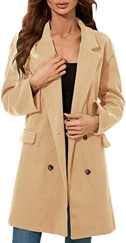 מעיל אופנה מזדמן דש כפתור בצבע מוצק כיס מעיל צמר באורך אמצע בגדי חורף לנשים