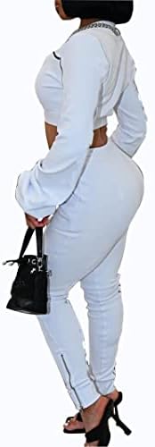 תלבושת 2 -פיקזית לנשים - שרוול מוצק שרוול רוכסן יבול עליון משיכה מותניים אלסטיים מכנסיים ארוכים עם ערכות שולי חריץ
